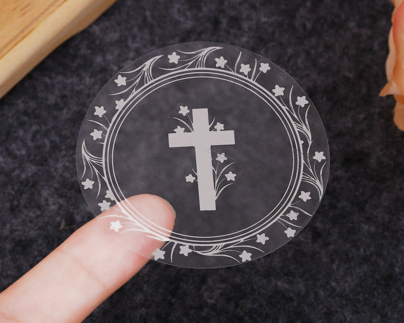 2 Inch Round Silver Cross Flowers Religious Transparent Clear Vinyl Stickers Seals Pack of 48