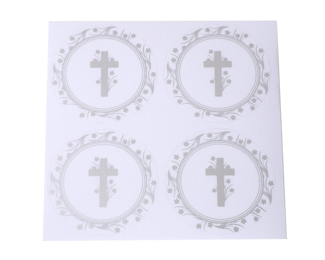 2 Inch Round Silver Cross Flowers Religious Transparent Clear Vinyl Stickers Seals Pack of 48