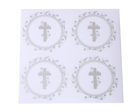 2 Inch Round Silver Cross Flowers Religious Transparent Clear Vinyl Stickers Seals Pack of 48