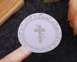 2 Inch Round Gold Cross Swirls Religious Transparent Vinyl Stickers Seal Pack of 48