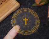 2 Inch Round Gold Cross Swirls Religious Transparent Vinyl Stickers Seal Pack of 48
