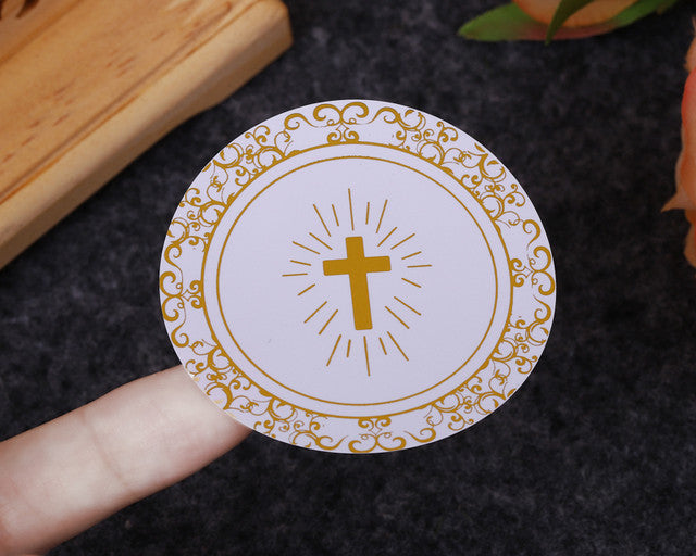 2 Inch Round Gold Cross Swirls Religious White Stickers Seal Pack of 48