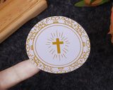 2 Inch Round Gold Cross Swirls Religious White Stickers Seal Pack of 48