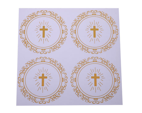 2 Inch Round Gold Cross Swirls Religious White Stickers Seal Pack of 48