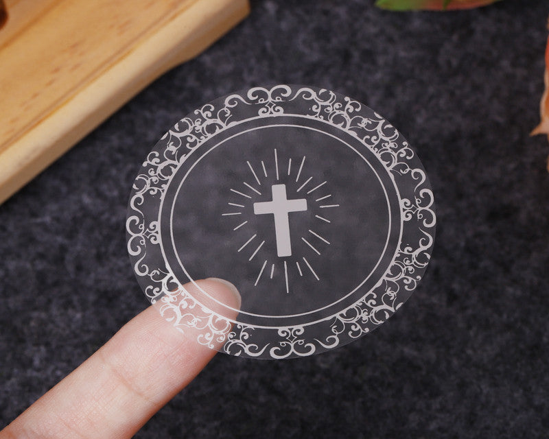 2 Inch Round Silver Cross Swirls Religious Transparent Vinyl Stickers Seal Pack of 48