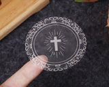 2 Inch Round Silver Cross Swirls Religious Transparent Vinyl Stickers Seal Pack of 48