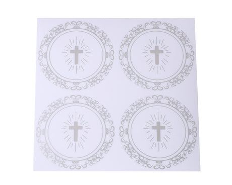 2 Inch Round Silver Cross Swirls Religious Transparent Vinyl Stickers Seal Pack of 48