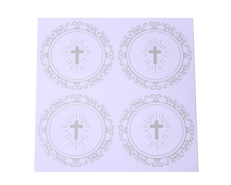 2 Inch Round Silver Cross Swirls Religious White Stickers Seal Pack of 48