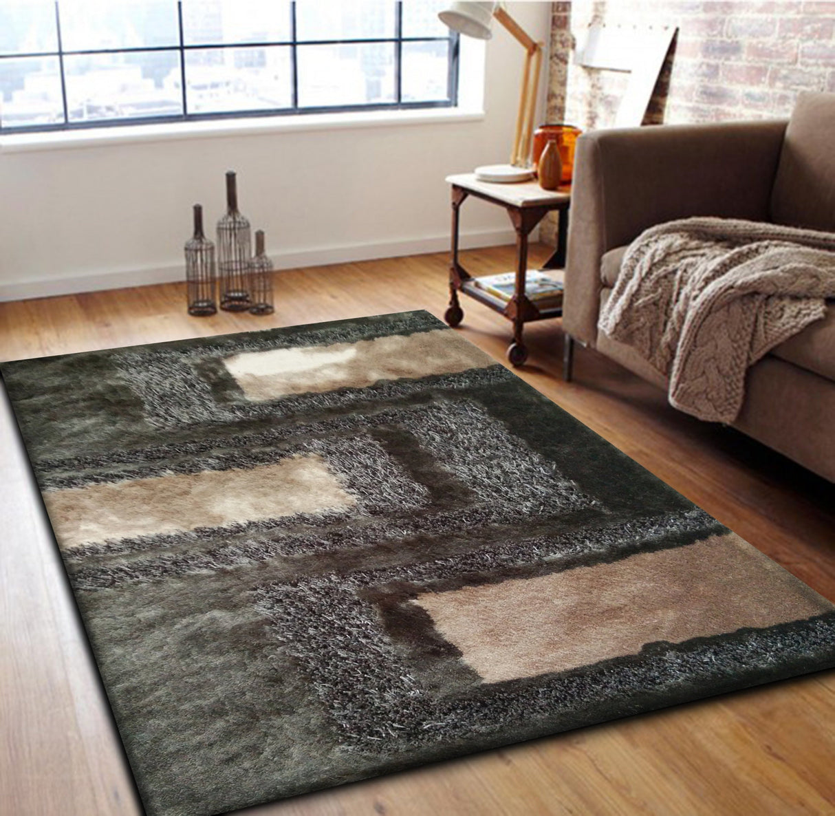 Soft Plush Fluffy Multi-Textural Design Shag Area Rug Carpet - Earth Tone, 1.5" High Pile (1 Rug)