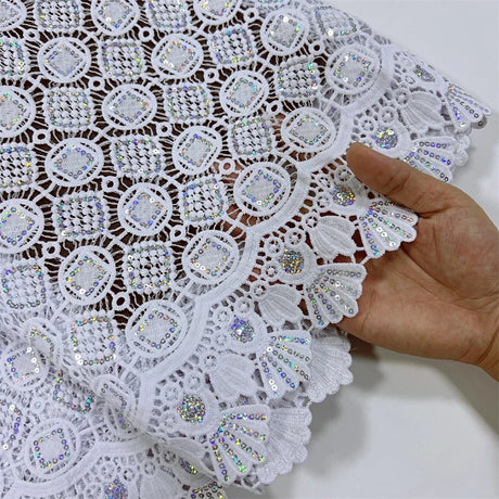 White African Guipure Cord Lace Fabric with Sequins 2025 High Quality Nigerian Guipure Cord Lace for Sewing Wedding Dress F4025