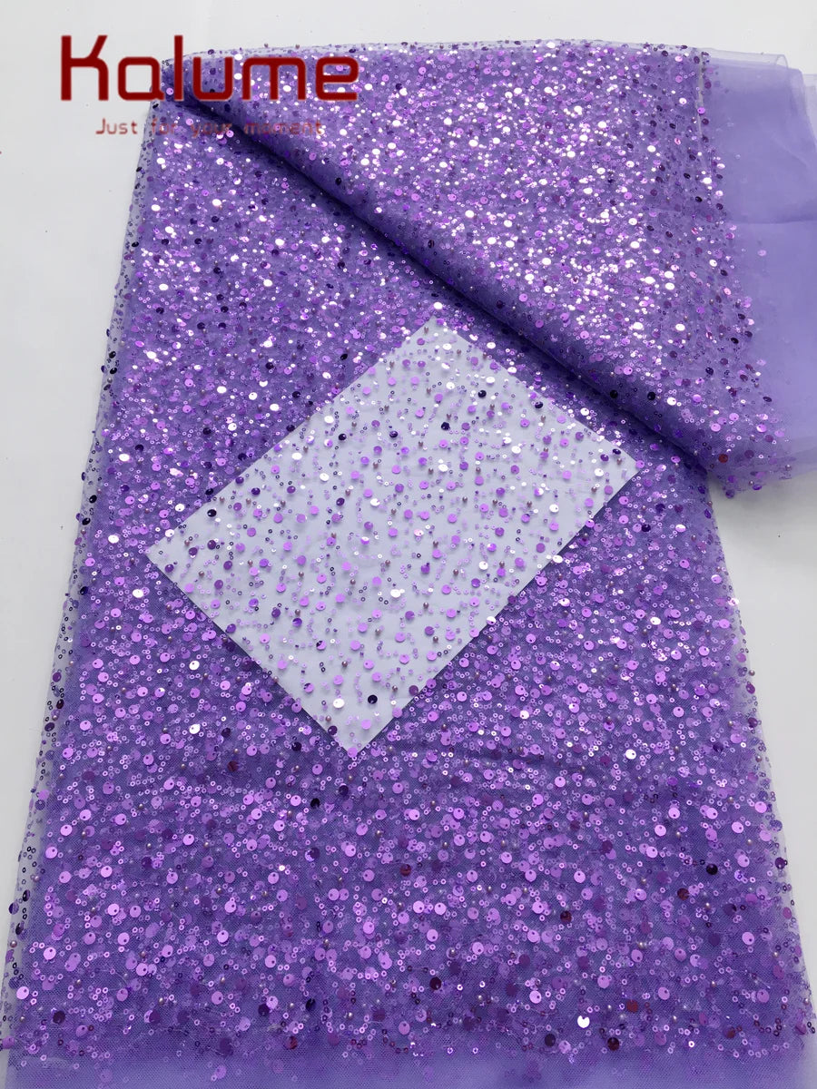 Kalume Nigerian Beaded Embroidery Lace High Quality French Net Sequins Tulle African Lace Fabric for Luxury Wedding Party F3490