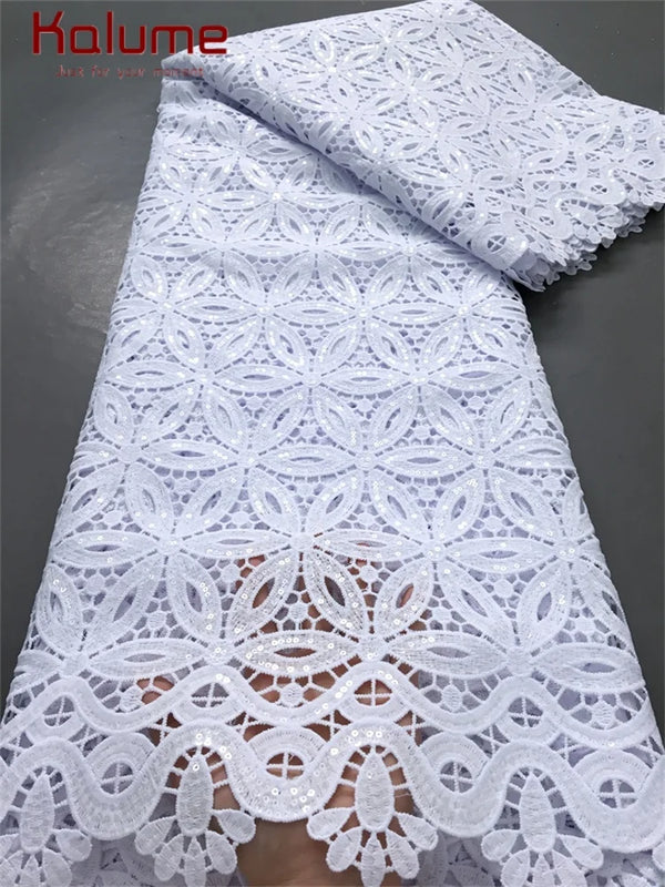 White African Guipure Cord Lace Fabric with Sequins 2025 High Quality Nigerian Guipure Cord Lace for Sewing Wedding Dress F4025