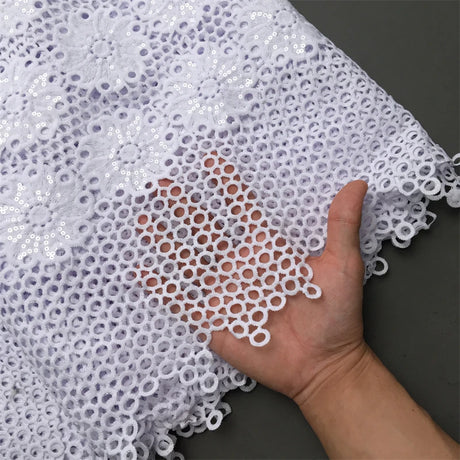 White African Guipure Cord Lace Fabric with Sequins 2025 High Quality Nigerian Guipure Cord Lace for Sewing Wedding Dress F4025