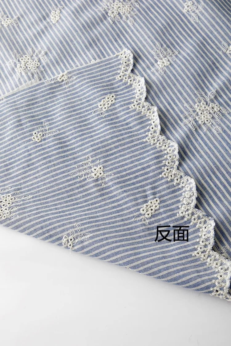 Lightblue Embroidered Polyester Cotton Striped Cloth Fabric