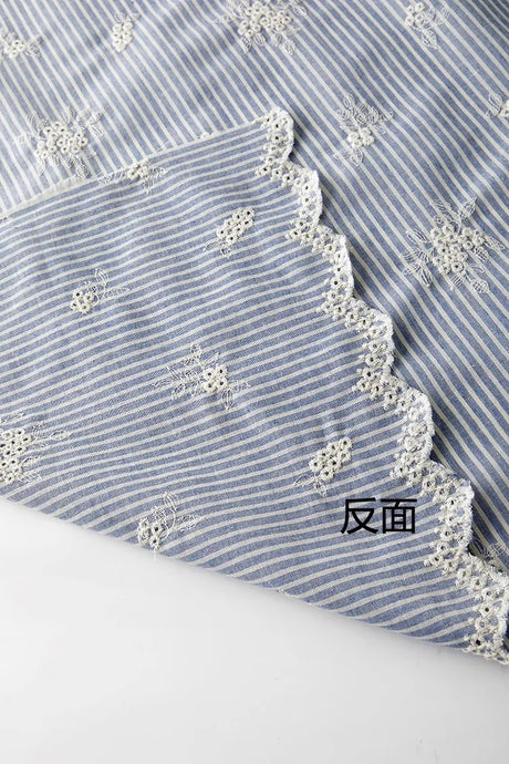 Lightblue Embroidered Polyester Cotton Striped Cloth Fabric