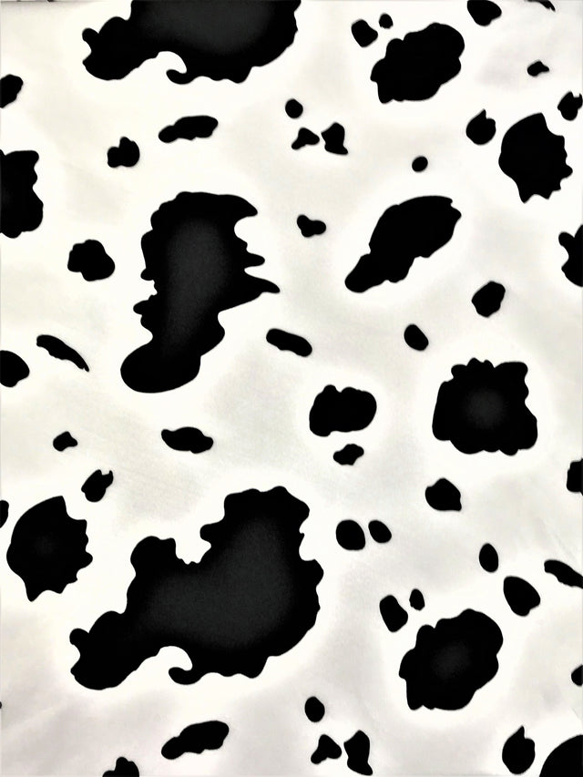 Black Cow Satin Print Polyester Fabric - White Cow Spots On White Shiny Light Weight Satin, 59/60" Width