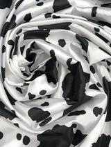 Black Cow Satin Print Polyester Fabric - White Cow Spots On White Shiny Light Weight Satin, 59/60" Width