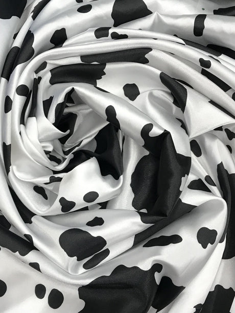 Black Cow Satin Print Polyester Fabric - White Cow Spots On White Shiny Light Weight Satin, 59/60" Width