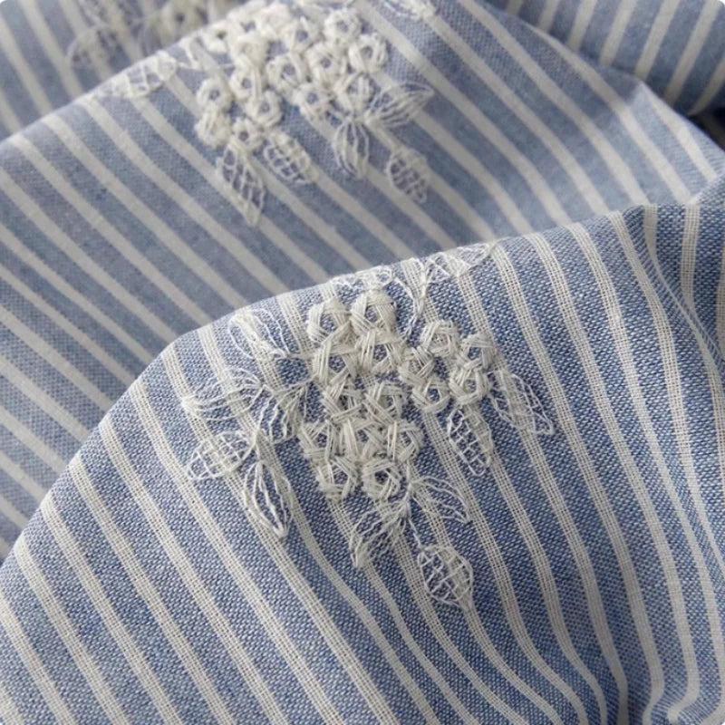 Lightblue Embroidered Polyester Cotton Striped Cloth Fabric