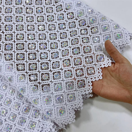 White African Guipure Cord Lace Fabric with Sequins 2025 High Quality Nigerian Guipure Cord Lace for Sewing Wedding Dress F4025