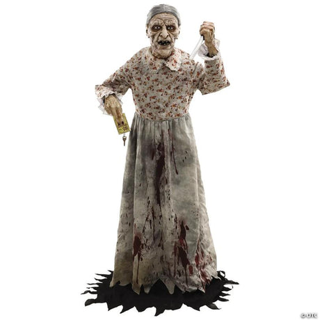 Scary Granny Halloween Prop with Poseable Arms and Wig Detail, for spooky Halloween party and home decor