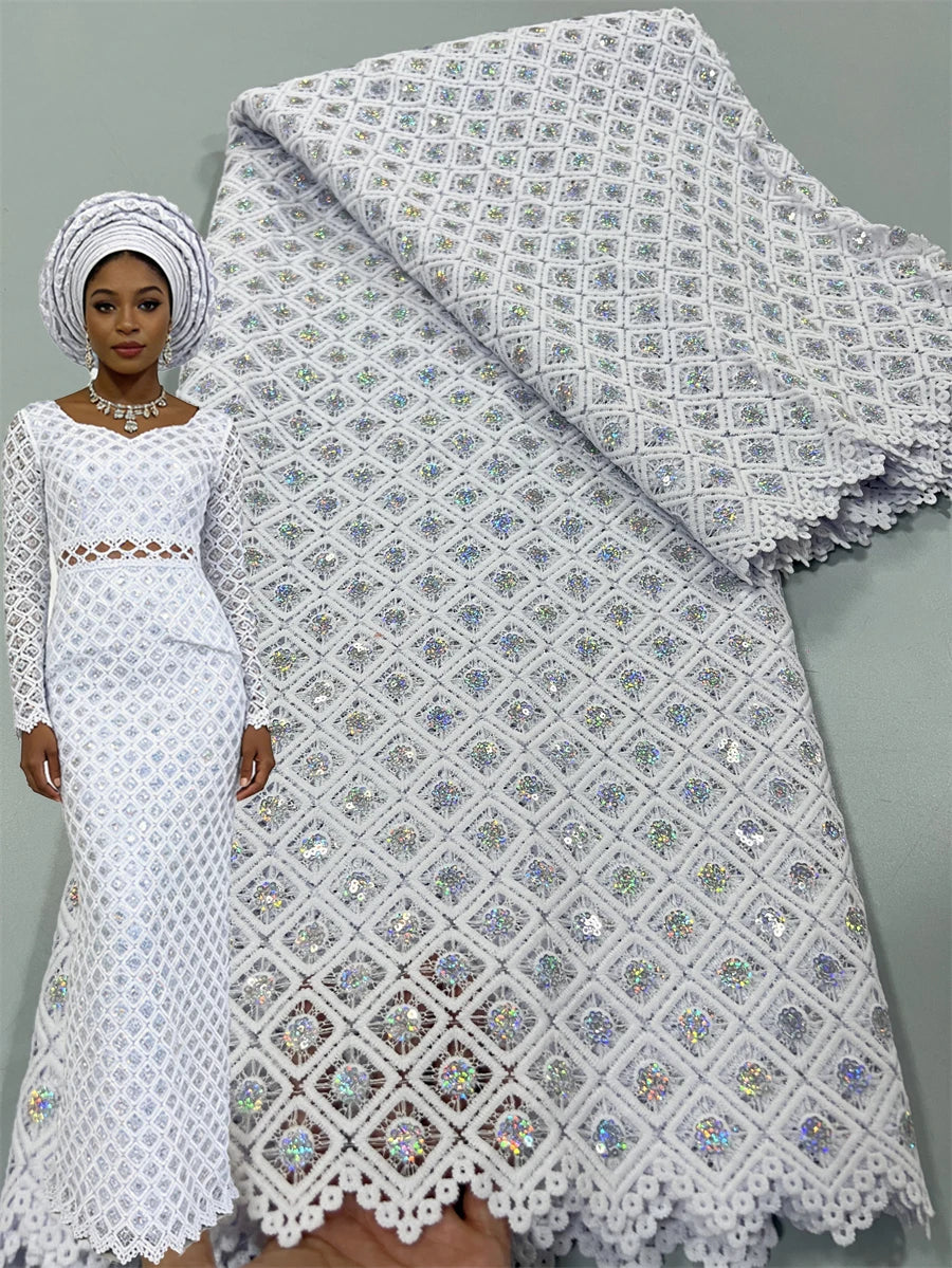 White African Guipure Cord Lace Fabric with Sequins 2025 High Quality Nigerian Guipure Cord Lace for Sewing Wedding Dress F4025