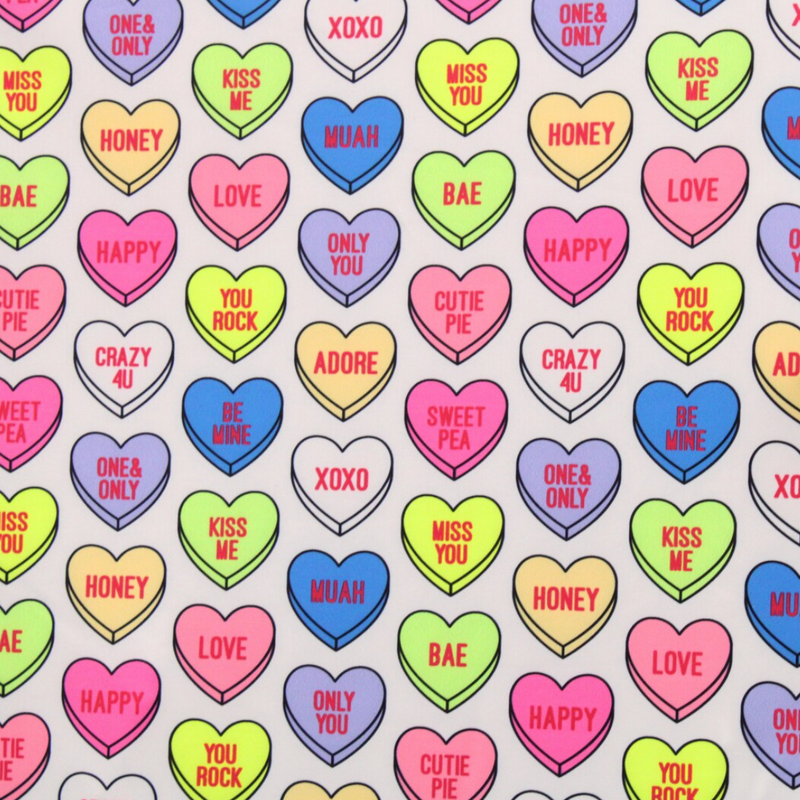 Candy Hearts Polyester Spandex Fabric - Valentine Hearts Print, 58"/60" Width (1 Yard)