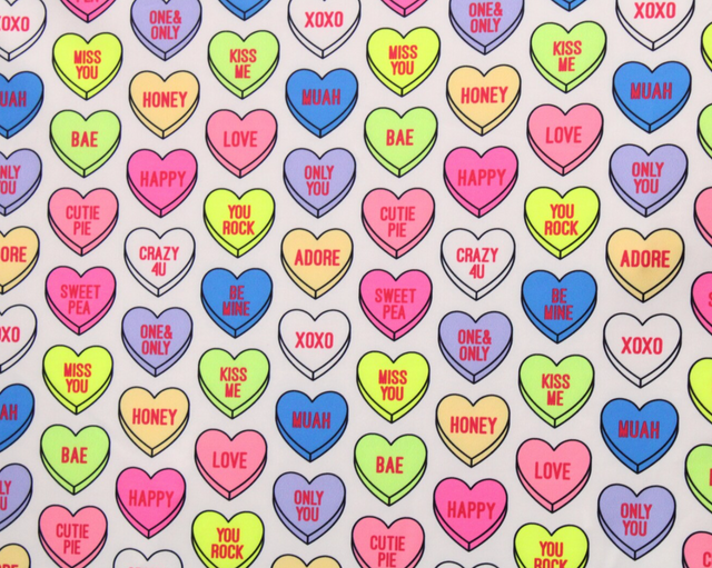 Candy Hearts Polyester Spandex Fabric - Valentine Hearts Print, 58"/60" Width (1 Yard)