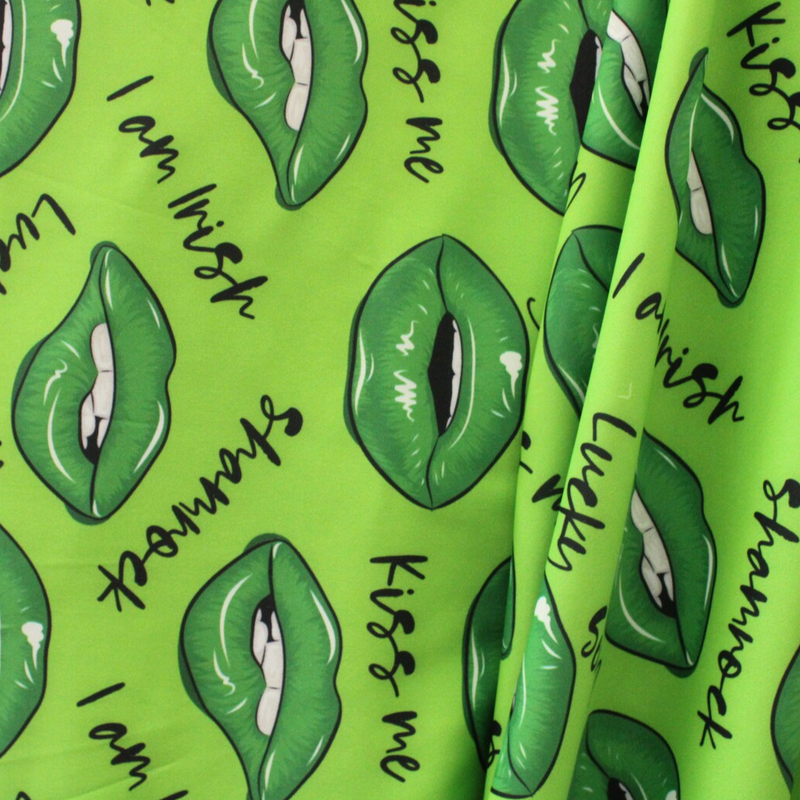Irish Kisses Polyester Spandex Fabric - Irish Slogans, Kiss Motif, 58"/60" Width (1 Yard)