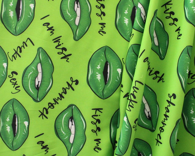 Irish Kisses Polyester Spandex Fabric - Irish Slogans, Kiss Motif, 58"/60" Width (1 Yard)