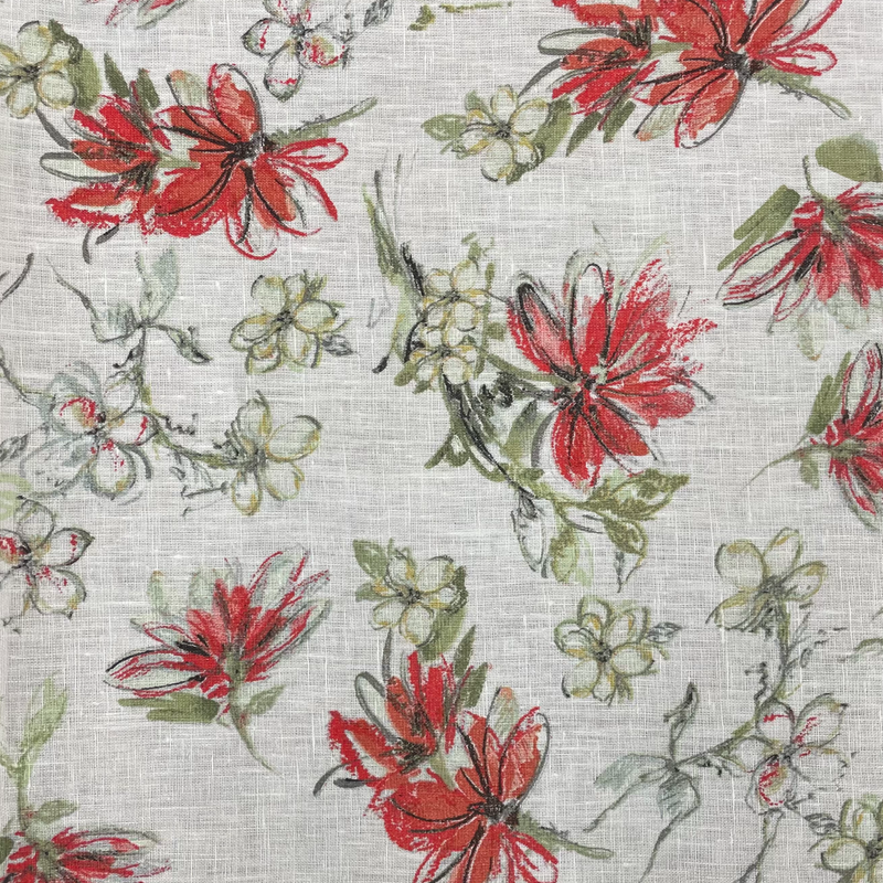 Printed Linen Red Daisy Fabric