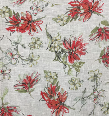 Printed Linen Red Daisy Fabric