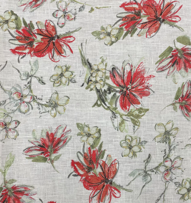 Printed Linen Red Daisy Fabric