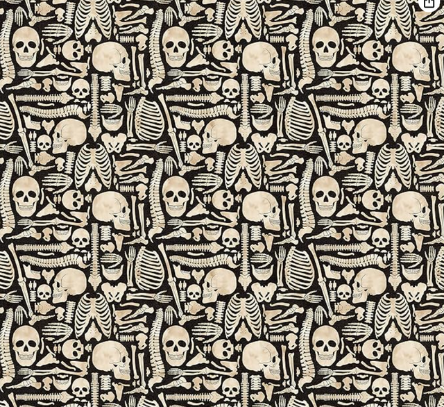 Cotton Skeleton Bones Print Fabric on Black 43/44"