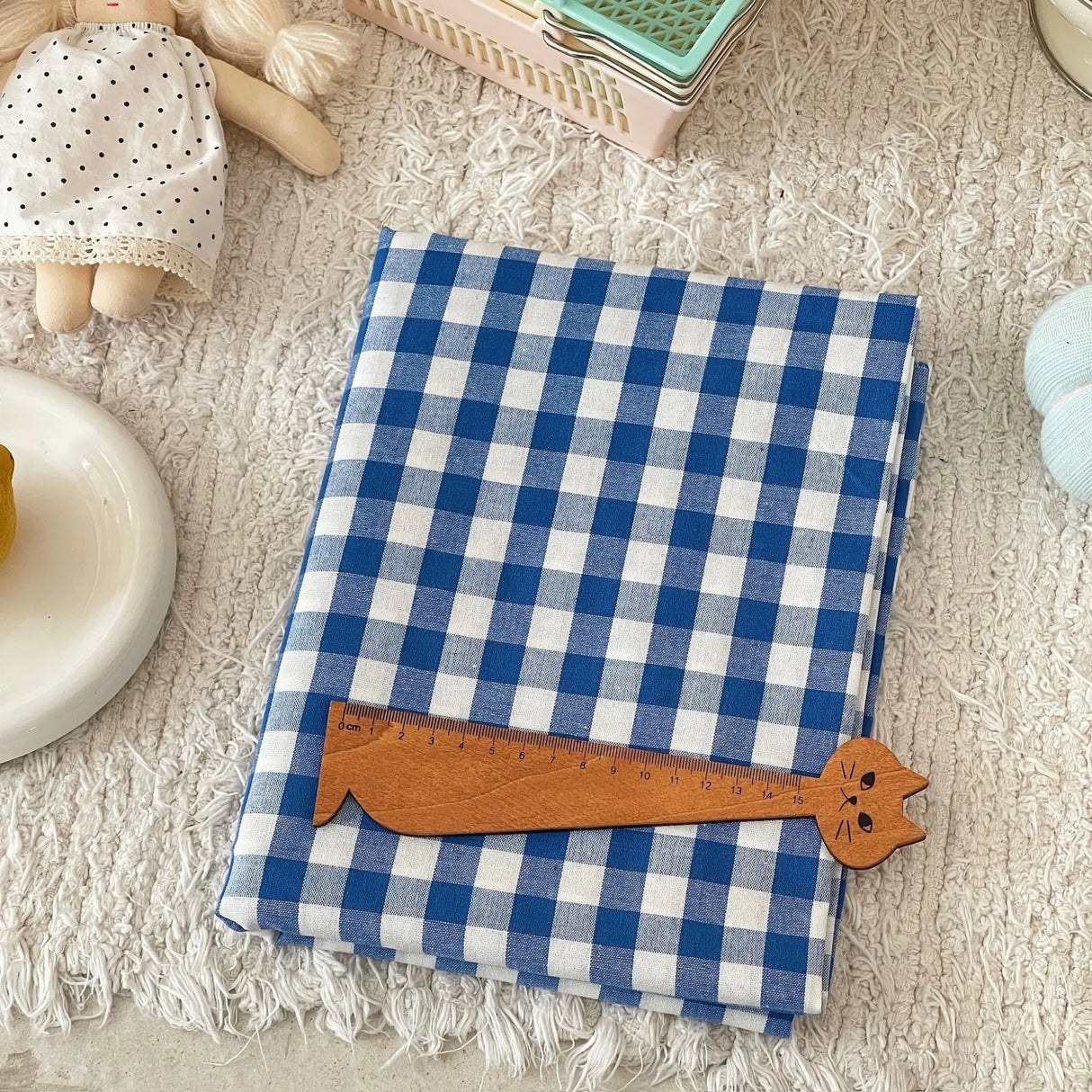 140x50cm Blue Checkered Washed Cotton Fabric for Women Kids DIY Clothing Bags Sewing Textile Accessories