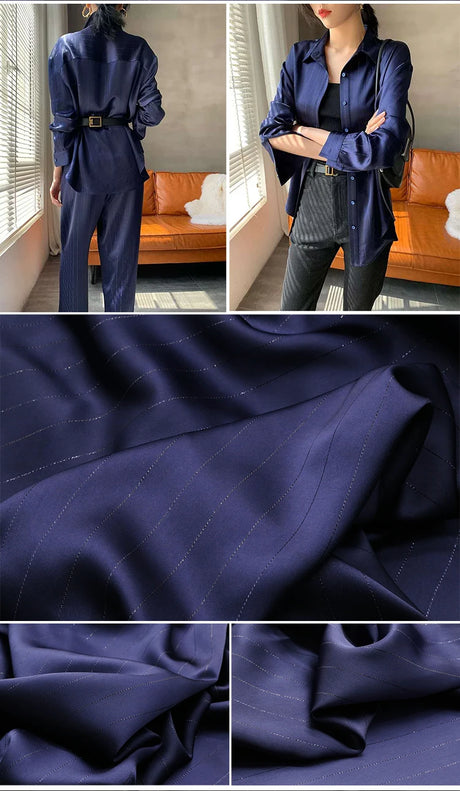 High End Bright Silk Striped Imitation Acetic Acid Fabric Satin Glossy Silk Smooth Drape Feeling Suit Dress Pants Fabric