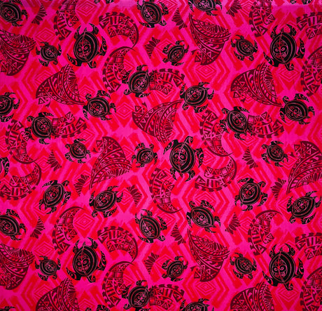 Sea Turtles W Traditional Polynesian Tattoo Patches Rayon Fabric - Taupe/Maroon/Black, 36" Width (1 Yard)