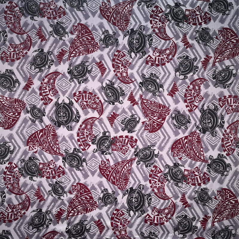 Sea Turtles W Traditional Polynesian Tattoo Patches Rayon Fabric - Taupe/Maroon/Black, 36" Width (1 Yard)