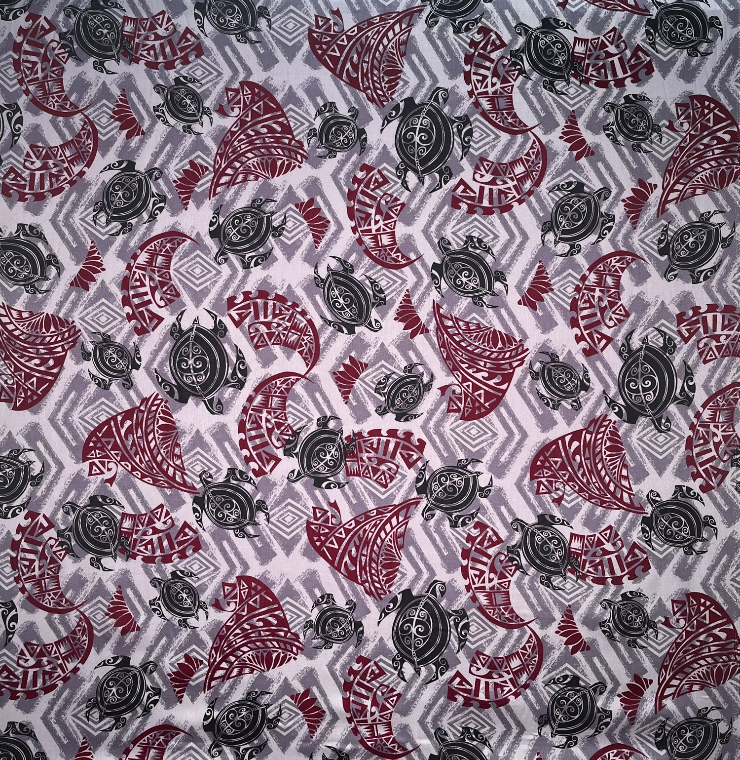 Sea Turtles W Traditional Polynesian Tattoo Patches Rayon Fabric - Taupe/Maroon/Black, 36" Width (1 Yard)