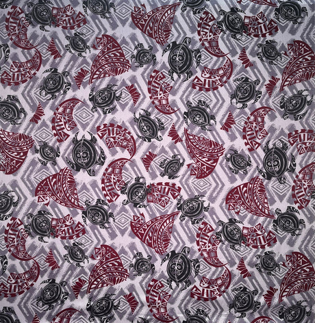 Sea Turtles W Traditional Polynesian Tattoo Patches Rayon Fabric - Taupe/Maroon/Black, 36" Width (1 Yard)