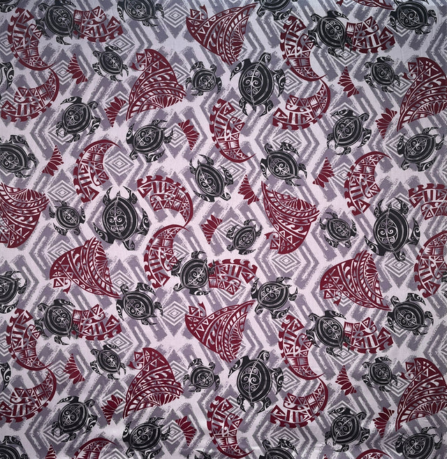 Sea Turtles W Traditional Polynesian Tattoo Patches Rayon Fabric - Taupe/Maroon/Black, 36" Width (1 Yard)
