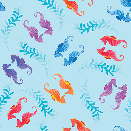 Cotton Seahorses Light Blue Fabric 44/45"