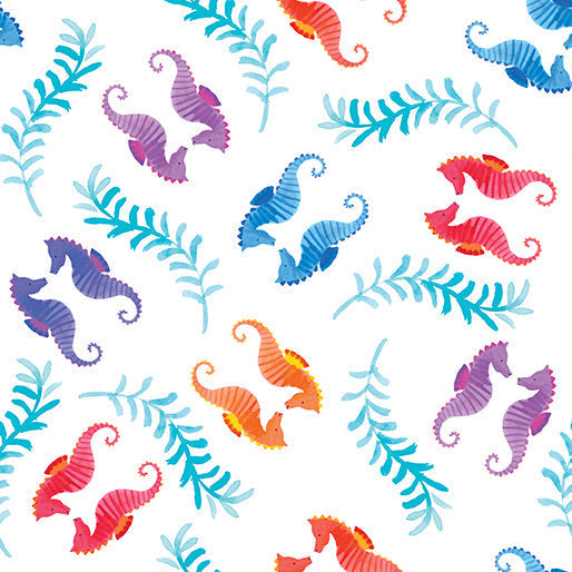 Cotton Seahorses White Fabric 44/45" by the Yard