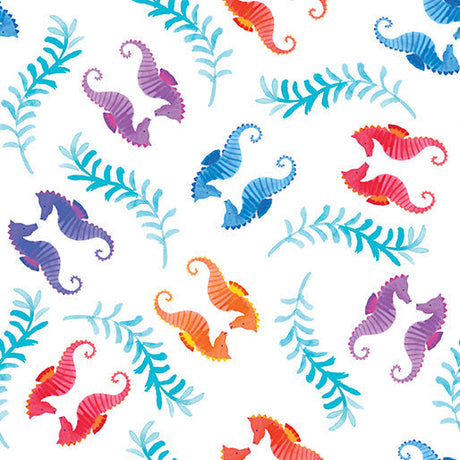 Cotton Seahorses White Fabric 44/45" by the Yard