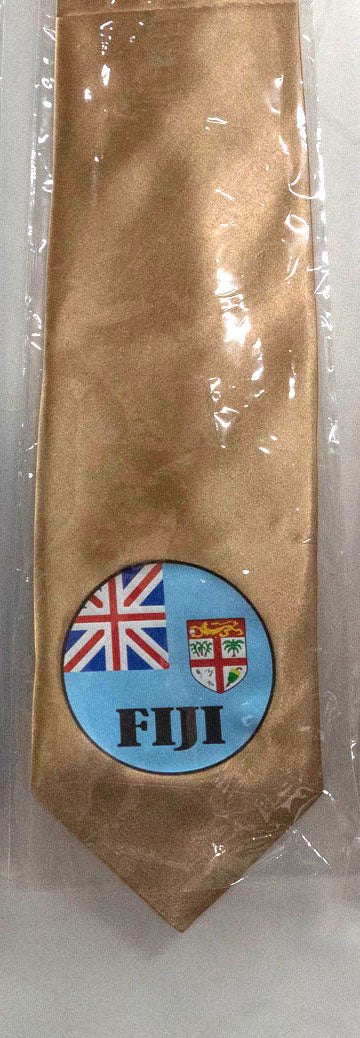 Seal Of Fiji Tie Polyester Fabric - Fiji Coat Of Arms, 56" Length, 3.5" Width, White, Royal Blue, Gold, Brown (1 Tie)