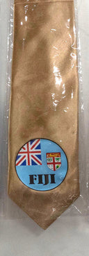 Seal Of Fiji Tie Polyester Fabric - Fiji Coat Of Arms, 56" Length, 3.5" Width, White, Royal Blue, Gold, Brown (1 Tie)