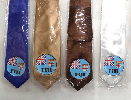 Seal Of Fiji Tie Polyester Fabric - Fiji Coat Of Arms, 56" Length, 3.5" Width, White, Royal Blue, Gold, Brown (1 Tie)