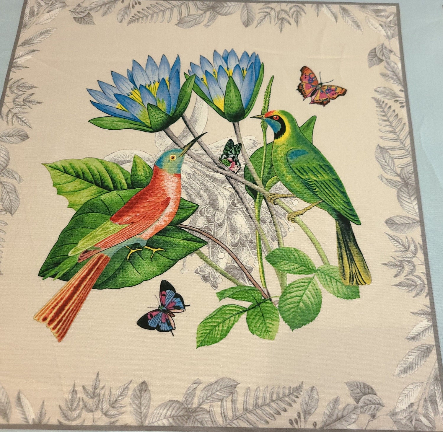 Fabric Panel Secret Escape Exotic Birds and Butterflies Blue 24x44 Elizabeth's Studio