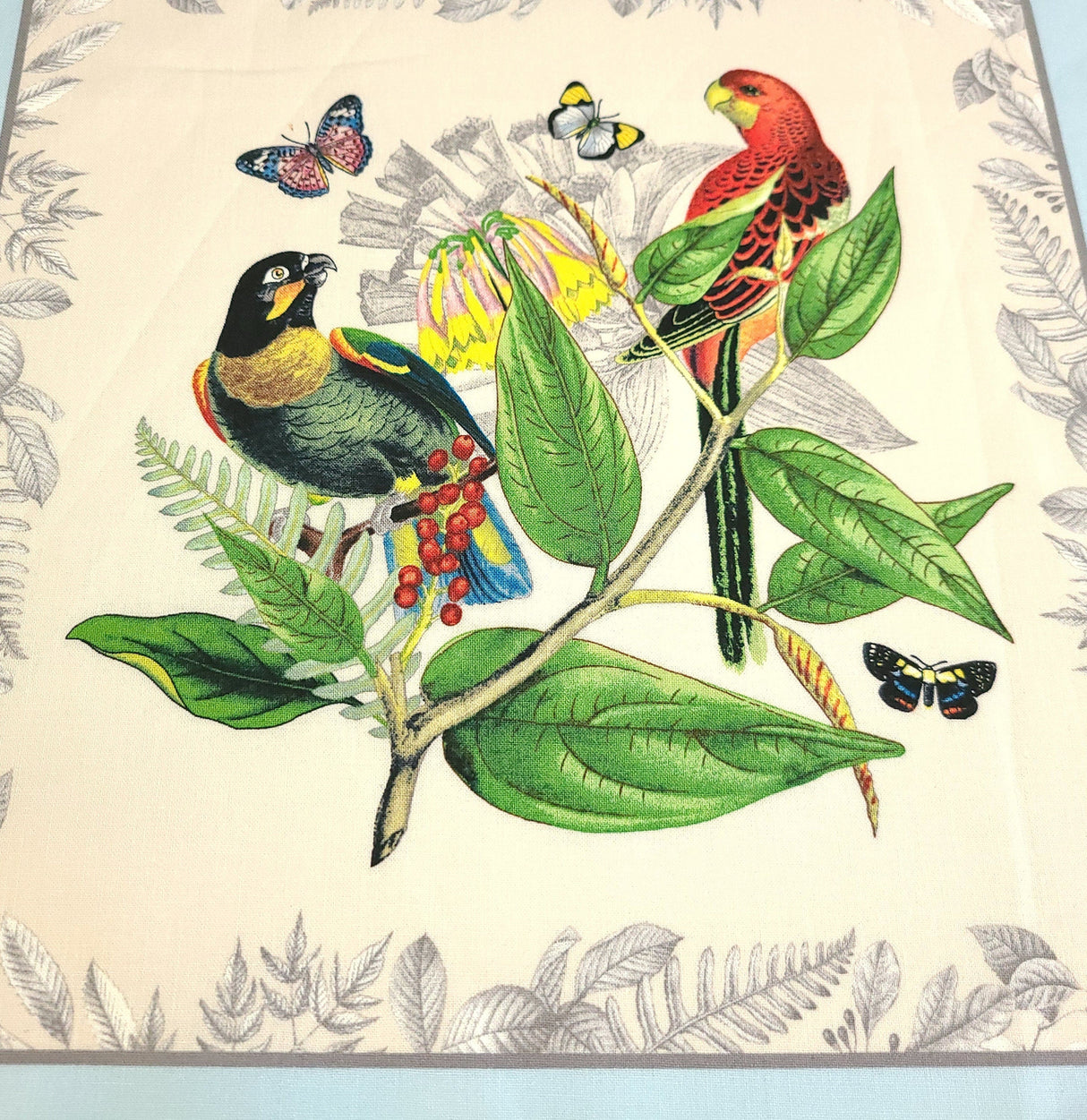 Fabric Panel Secret Escape Exotic Birds and Butterflies Blue 24x44 Elizabeth's Studio