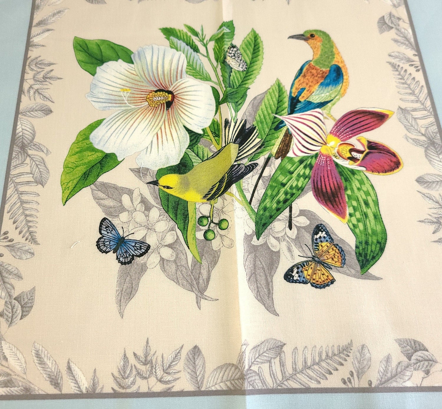 Fabric Panel Secret Escape Exotic Birds and Butterflies Blue 24x44 Elizabeth's Studio